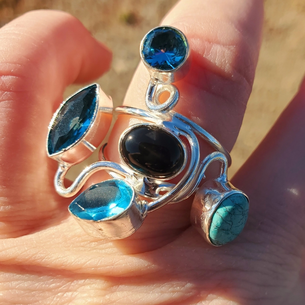New Twisted Black Onyx, Turquoise and Blue Topaz Silver Ring.